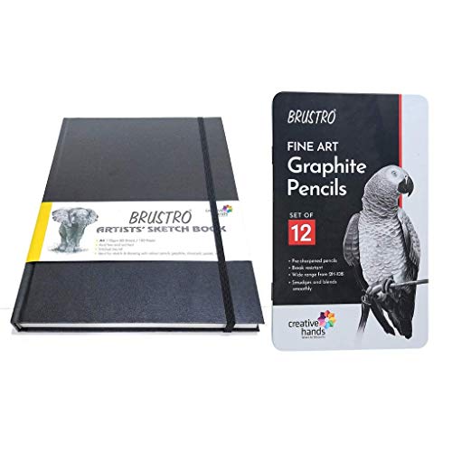 Brustro Artists’ Sketch Book Stitched Bound A5 110 GSM with BRUSTRO Artists’ FINEART Graphite Pencil Set of 12 (10B-2H)