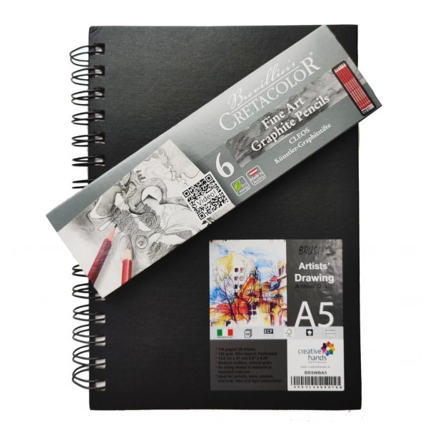 Brustro Artists’ Sketch Book Wiro Bound A5-160 GSM, 116 Pages (Acid Free) with Cretacolor Cleos Fine Art Graphite Pencils Set of 6 in an Elegant Tin Box (1 of Each HB, 2H, 2B, 4B, 6B & 8B.)