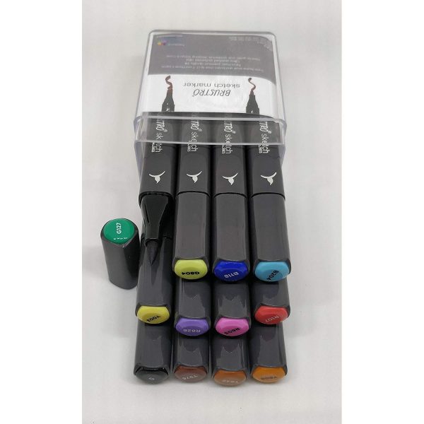 Brustro Twin Tip Alcohol Based Sketch Marker Basic Set of 12 (Includes a Brush & Chisel Tip)