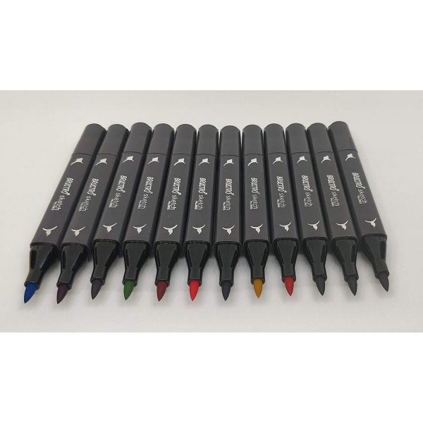 Brustro Twin Tip Alcohol Based Sketch Marker Basic Set of 12 (Includes a Brush & Chisel Tip)