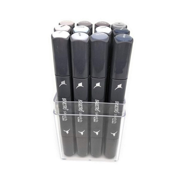 Brustro Twin Tip Alcohol Based Sketch Marker Mixed Grey Tones Set of 12 (Includes a Brush & Chisel Tip)