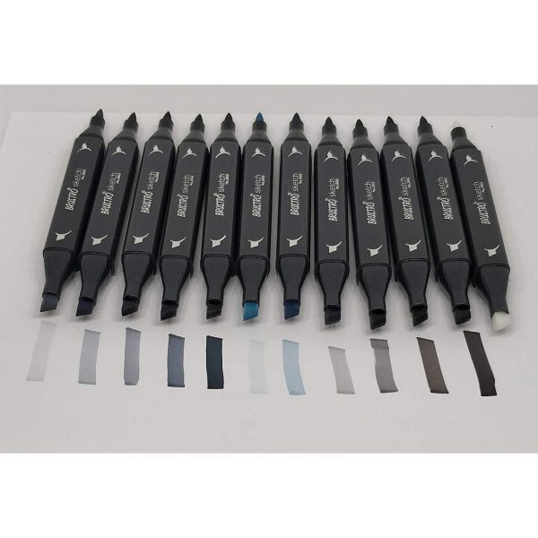 Brustro Twin Tip Alcohol Based Sketch Marker Mixed Grey Tones Set of 12 (Includes a Brush & Chisel Tip)