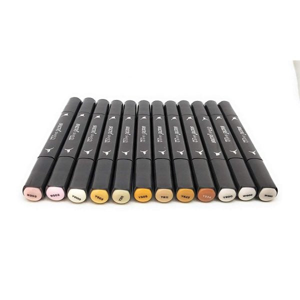 Brustro Twin Tip Alcohol Based Sketch Marker Skin Tone Set of 12 Shades (Includes a Brush & Chisel Tip)