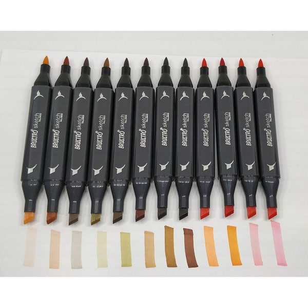 Brustro Twin Tip Alcohol Based Sketch Marker Skin Tone Set of 12 Shades (Includes a Brush & Chisel Tip)