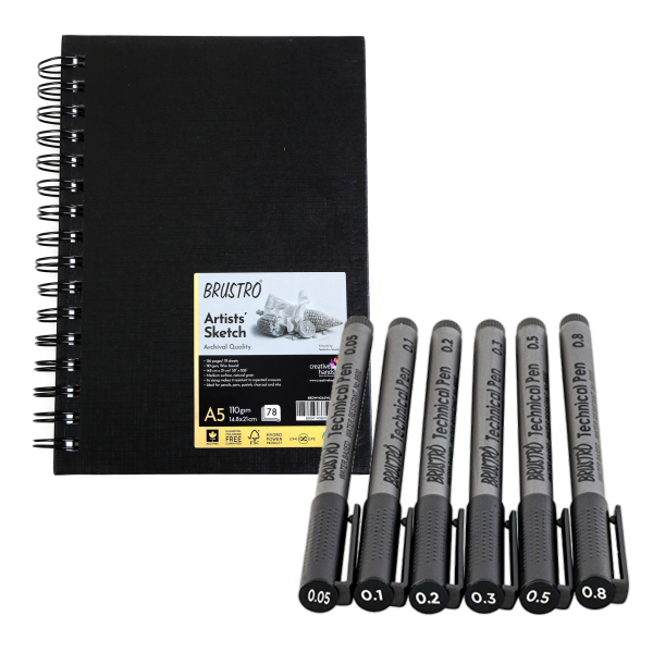 Brustro Technical Pen Assorted Pack of 6 with Artist Sketch Book 110 GSM A5 Wiro Journal (156 Pages)