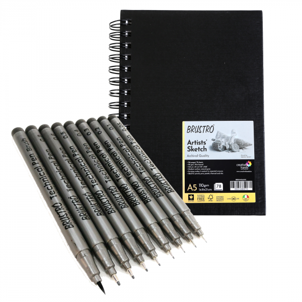 Brustro Technical Pen Assorted Pack of 9 with Artist Sketch Book 110 GSM A5 Wiro Journal (156 Pages)