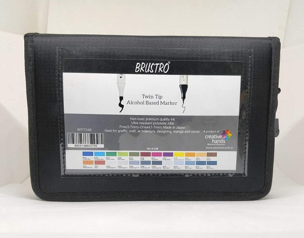 Brustro Twin Tip Alcohol Based B Marker Set with Elegant Marker Wallet (Pack of 24)