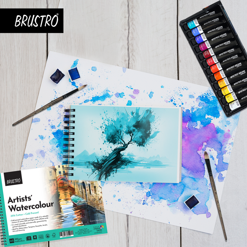 BRUSTRO Artists ’ Watercolour Set of 24 Colours X 12ML Tubes with 25% cotton 300gsm A5 spiral pad and Aqua Strokes brush set of 6