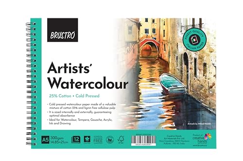 BRUSTRO Artists ’ Watercolour Set of 24 Colours X 12ML Tubes with 25% cotton 300gsm A5 spiral pad and Aqua Strokes brush set of 6