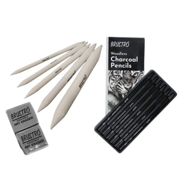 Brustro Woodless Charcoal Pencil Set of 6 (3 Soft, 2 Medium, 1 Hard) with Blending stump set And 2 kneadable erasers.