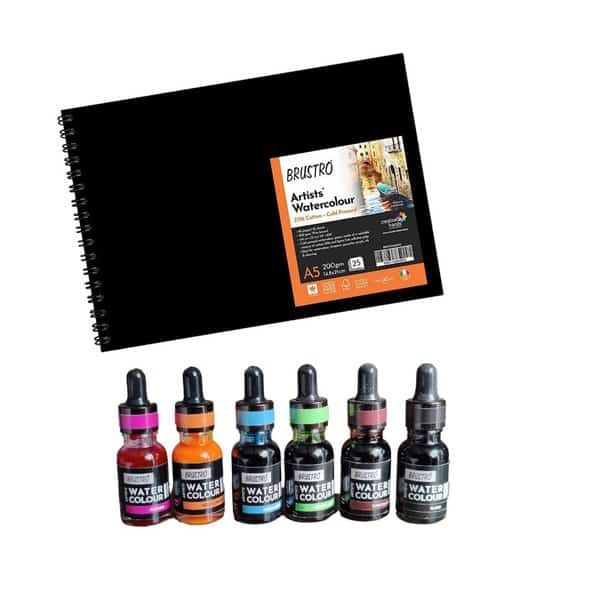 Brustro Watercolour Ink Set A of 6 x 15ml (6 Shades with Free Watercolour A5 Wiro Journal Worth Rs 399