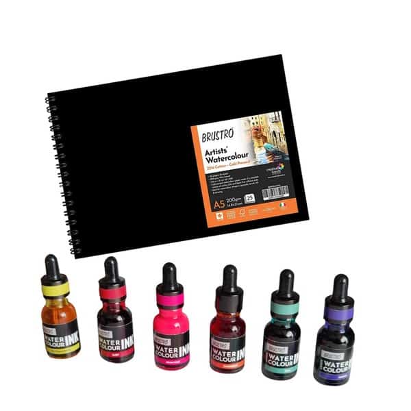 Brustro Watercolour Ink Set B of 6 x 15ml (6 Shades with Free Watercolour A5 Wiro Journal Worth Rs 399)