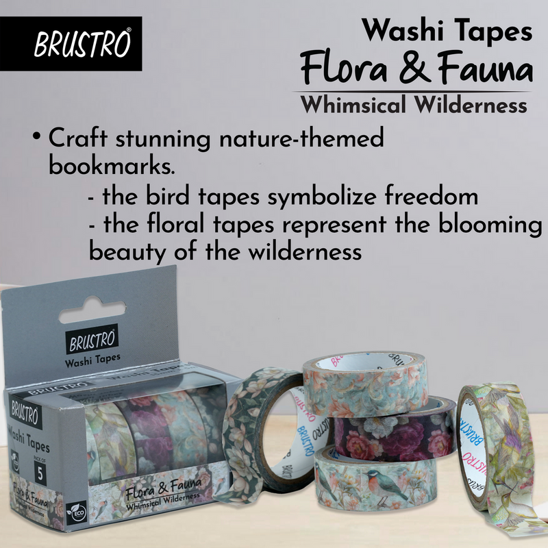 BRUSTRO Washi Tapes Flora and Fauna Shade, 15 mm x 5 mtrs (set of 5)