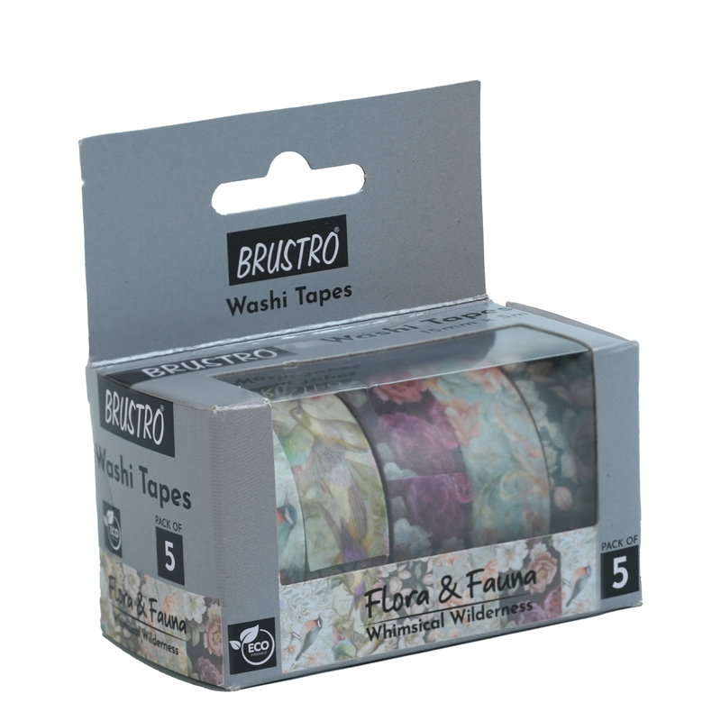 BRUSTRO Washi Tapes Flora and Fauna Shade, 15 mm x 5 mtrs (set of 5)