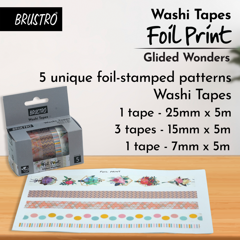 BRUSTRO Washi Tapes Foil Prints Shade, Set of 5 (25 mm x 5m - 1 Tape, 15 mm x 5m - 3 Tapes, 7mm x 5m - 1 Tape)