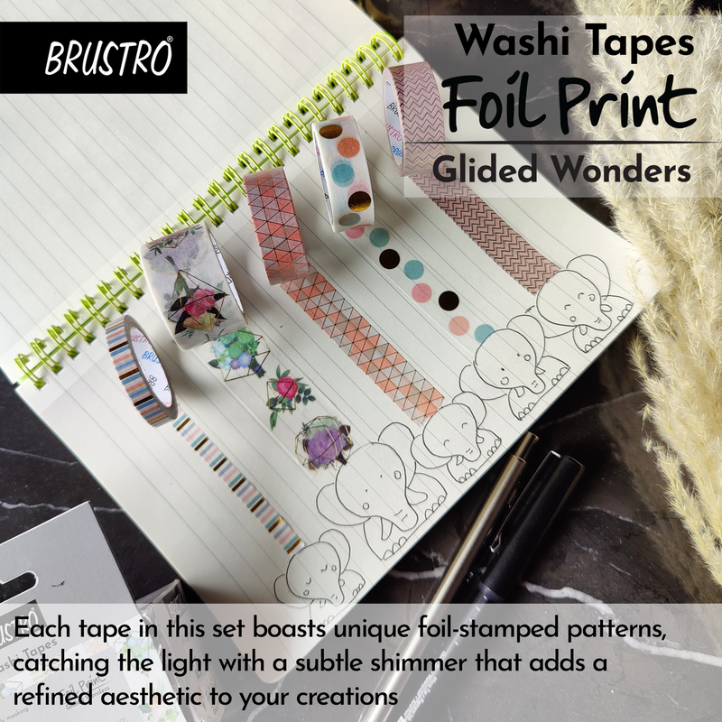 BRUSTRO Washi Tapes Foil Prints Shade, Set of 5 (25 mm x 5m - 1 Tape, 15 mm x 5m - 3 Tapes, 7mm x 5m - 1 Tape)