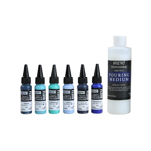 Brustro Professional Artists Fluid Acrylic 20 ml Beyond The Blues Pack of 6 with Pouring Medium 200 ml