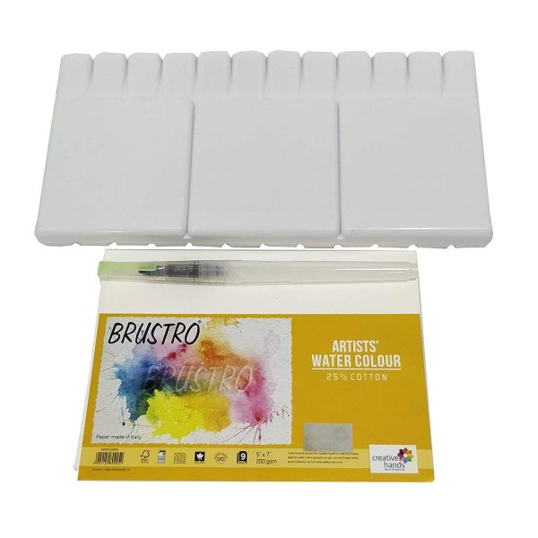 Brustro Folding Box 33 Well Plastic Palette 26×13 cm with Brustro Aqua Squeeze Brush Small and Brustro Watercolour Paper 200 GSM, 5″ X 7″