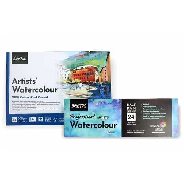 Brustro Professional Artists Watercolour 24 Half pan Set (Free 100% Cotton Watercolour Pad Cold Pressed 300 GSM A4-12 Sheets Worth rs. 999)