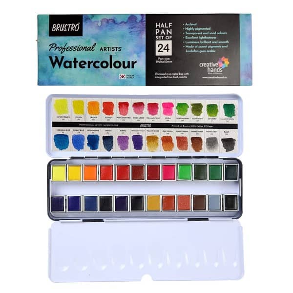 Brustro Professional Artists Watercolour 24 Half pan Set (Free 100% Cotton Watercolour Pad Cold Pressed 300 GSM A4-12 Sheets Worth rs. 999)