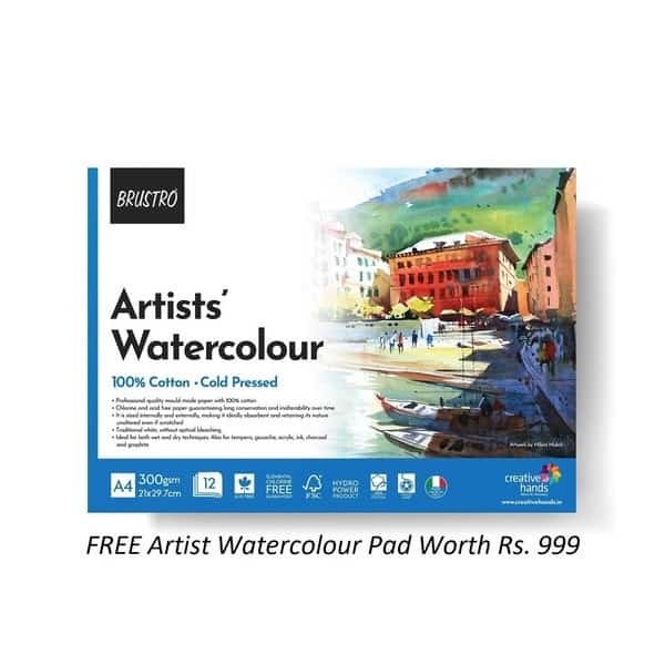 Brustro Professional Artists Watercolour 24 Half pan Set (Free 100% Cotton Watercolour Pad Cold Pressed 300 GSM A4-12 Sheets Worth rs. 999)