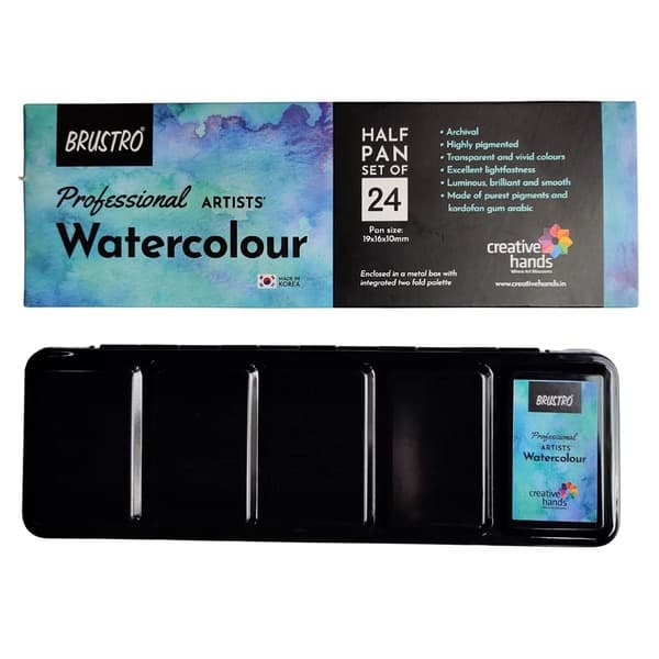 Brustro Professional Artists Watercolour 24 Half pan Set (Free 100% Cotton Watercolour Pad Cold Pressed 300 GSM A4-12 Sheets Worth rs. 999)