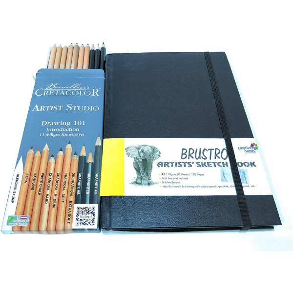 Brustro Stitched Bound Artists Sketch Book, A5 Size, 160 Pages, 110 GSM & Cretacolor Artists Studio Drawing Pencil