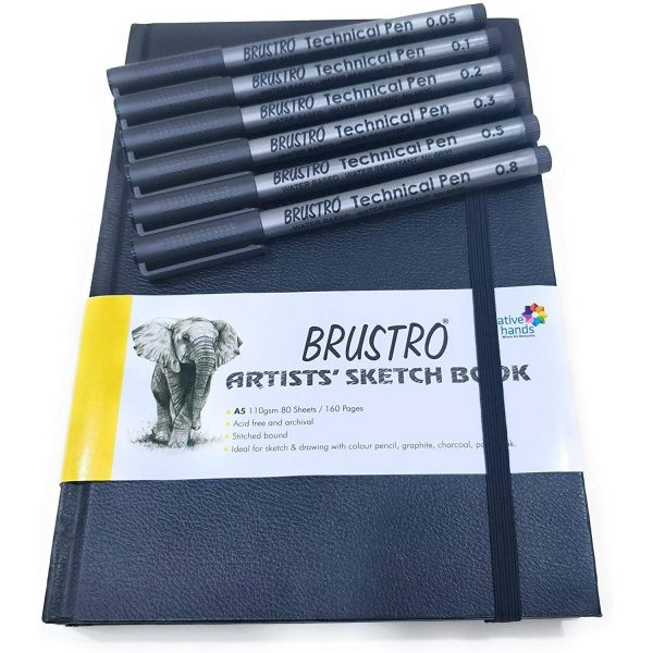 Brustro Artists Sketch Book Stitched Bound A5 Size, 160 Pages Acid Free & Technical Pen, 110 GSM (Pack of 6)