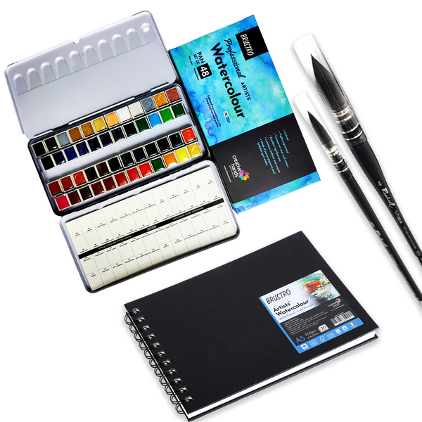 Brustro Professional Artists Watercolour 48 Half pan Set(Free 100% Cotton Watercolour Journal 300 GSM, A5 and Raphael brushes )
