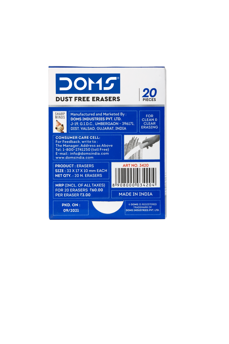 DOMS DUST FREE ERASER  20 PCS