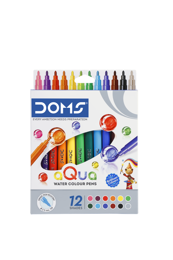 DOMS Aqua Non-Toxic Watercolour Sketch Pen Super fine Nib Sketch Pens (Set of 12, Multicolor)