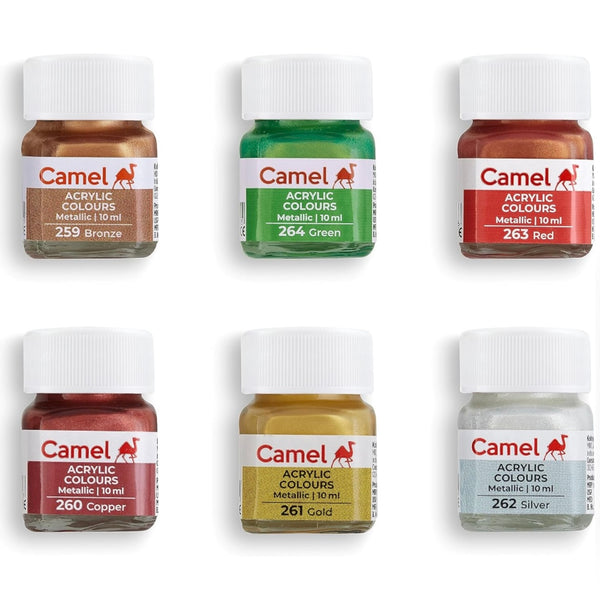 Camel Fabrica Acrylic Colours- Assorted Pack of 6 Shades in 10ml, Metallic Range