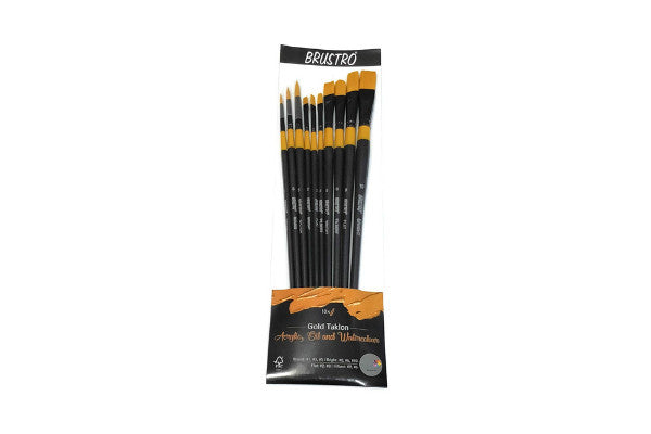 BRUSTRO Artists Acrylic Colour – 12ML, Set of 12 Tubes with Artists Gold Taklon – Set of 10 Brushes