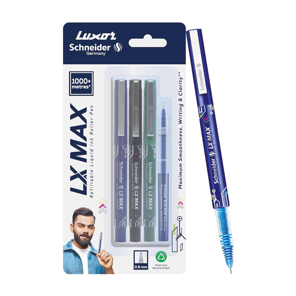 Luxor Schneider LX Max Roller Ball Pen Pack of 3 Needle Tip Blue+Black+Green+Refill