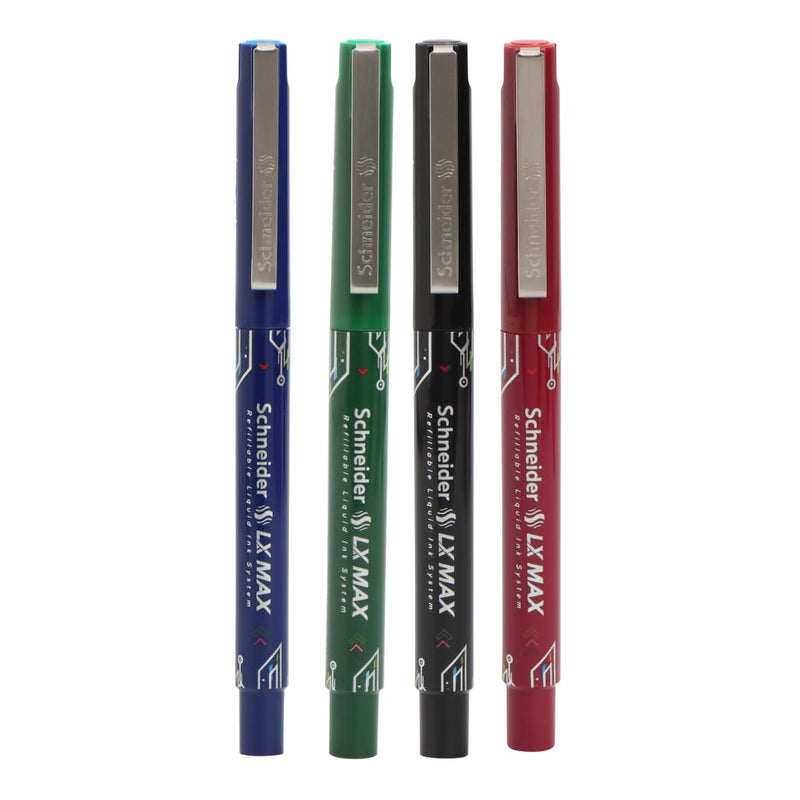 Luxor Schneider LX Max Roller Ball Pen Pack of 4 Needle Tip Blue+Black+Green+Red