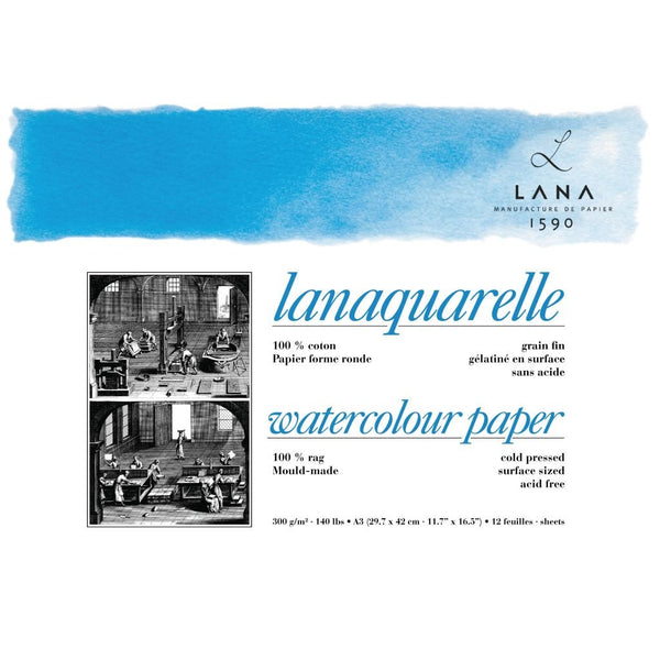 Lana Artists' Watercolour - Lanaquarelle - A3 Natural White Fine Grain / Matt Surface / Cold Press 300 GSM Paper 12 Sheets