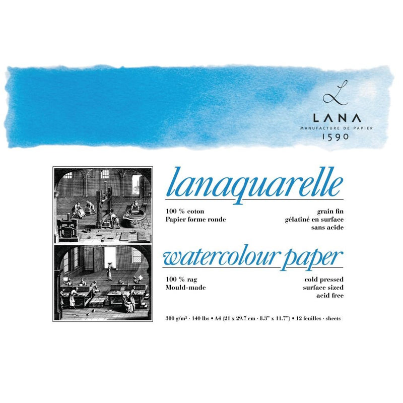 Lana Artists’ Watercolour – Lanaquarelle – A4 (21 cm x 29.7 cm) Natural White Fine Grain / Matt Surface / COLD Press 300 GSM Paper, Short Side Glued Pad of 12 Sheets