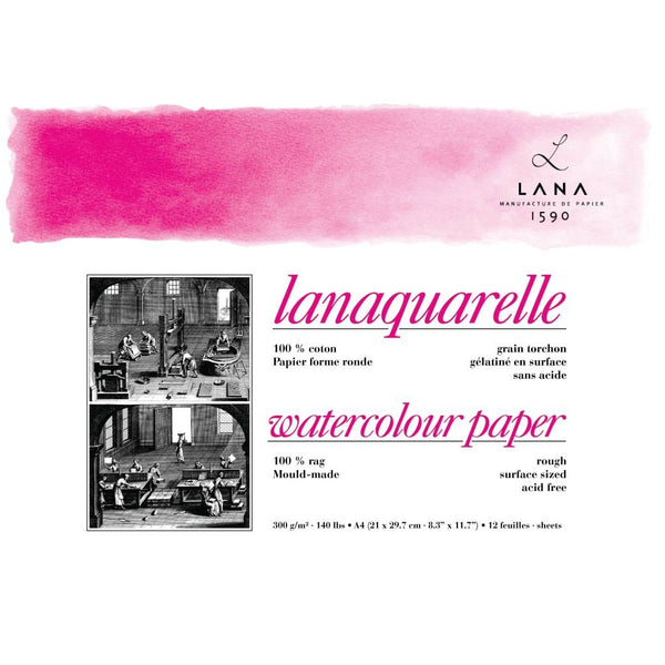 Lana Artists’ Watercolour – Lanaquarelle – A4 Natural White Smooth / ROUGH Press 300 GSM Paper 12 Sheets