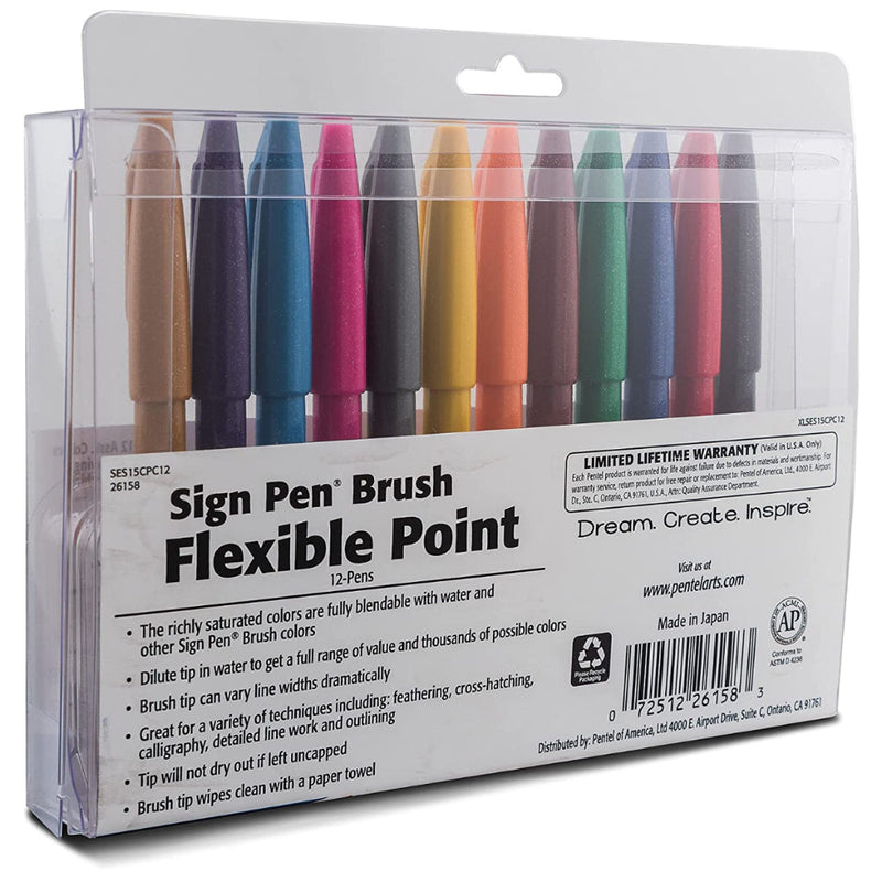 PENTEL SES15C BRUSH SIGNPEN- (COOL COLOUR) 12PC SET