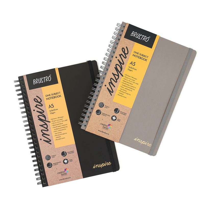 BRUSTRO Inspire A5 Size, 1 Subject Ruled Notebooks (Set of 2), 80 sheets/160 pages, 70 gsm ivory paper, Black/Grey Velvety Touch Cover