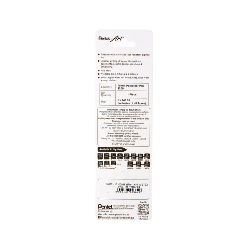Pentel S20P-4A POINTLINER PIGMENT INK PEN 0.4MM -BLACK