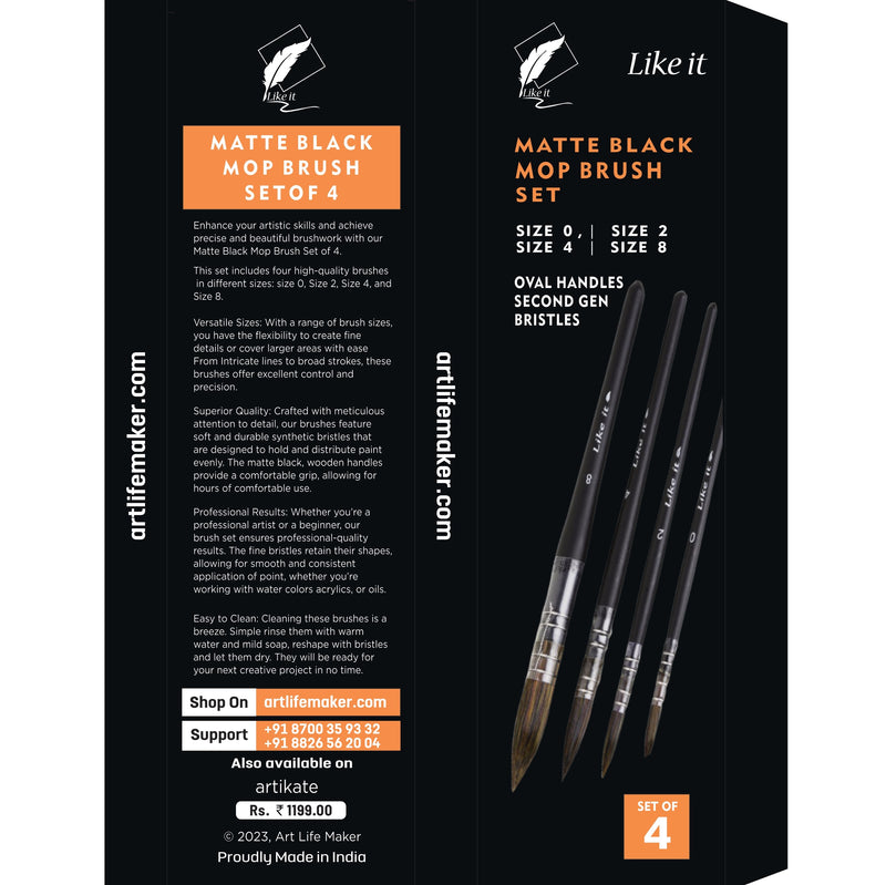 Like it Matte Black Artists Professional Synthetic Hair MOP Brush Set of 4 (Size 0, 2, 4,8)