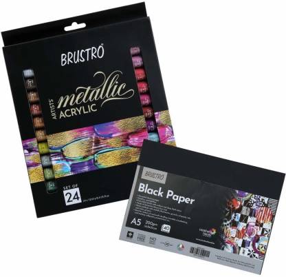 Brustro Artists’ Metallic Gouache Set of 18x12ml With Black Paper A5(Pack of 40 sheets)