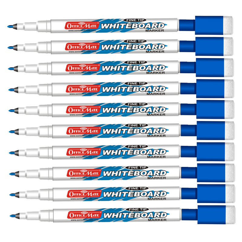 Soni Officemate Fine Tip Whiteboard Marker with Duster On Cap - Pack of 10 (Blue)