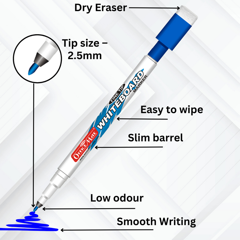 Soni Officemate Fine Tip Whiteboard Marker with Duster On Cap - Pack of 10 (Blue)