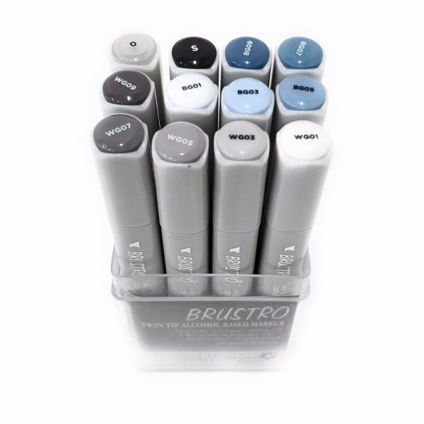 Brustro Twin Tip Alcohol Based Marker Warm & Blue Grey (Set of 12)