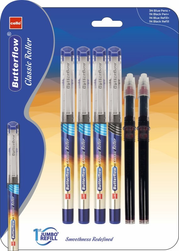 Cello Butterflow Classic Roller Ball Pen (Pack of 4, Ink Color - Blue & Black)