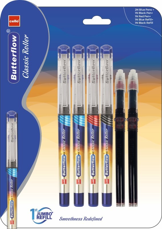 Cello Butterflow Classic Roller Ball Pen (Pack of 4, Ink Color - Blue , Black & Red)