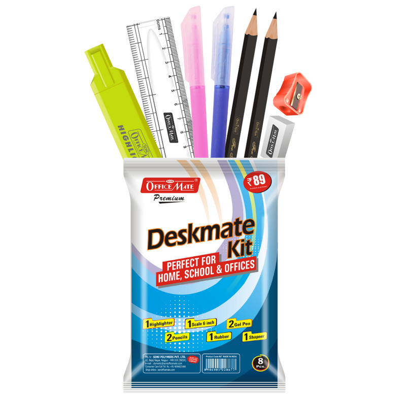 Soni OfficeMate Deskmate Kit | Includes 2 Gel Pens, 2 Pencils, 1 Highlighter, 1 Eraser, 1 Sharpener, 1 Scale (6-Inch) |