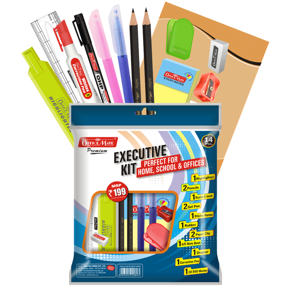 Soni OfficeMate Executive Kit | All in One Assorted 14 Stationery Items| Fluorescent Highlighter, Correction Pen, CD/DVD/OHP Marker, 6-inch Scale, Eraser, 2 Paper Clips, Sharpener, 2 Pencils, 2 Gel Pens, A5 Size Book, and Sticky Notepad | Pack of 1